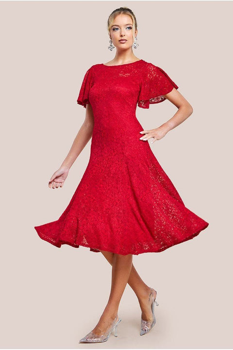 Goddiva Flutter Sleeve Lace A-Line Midi Dress - Red