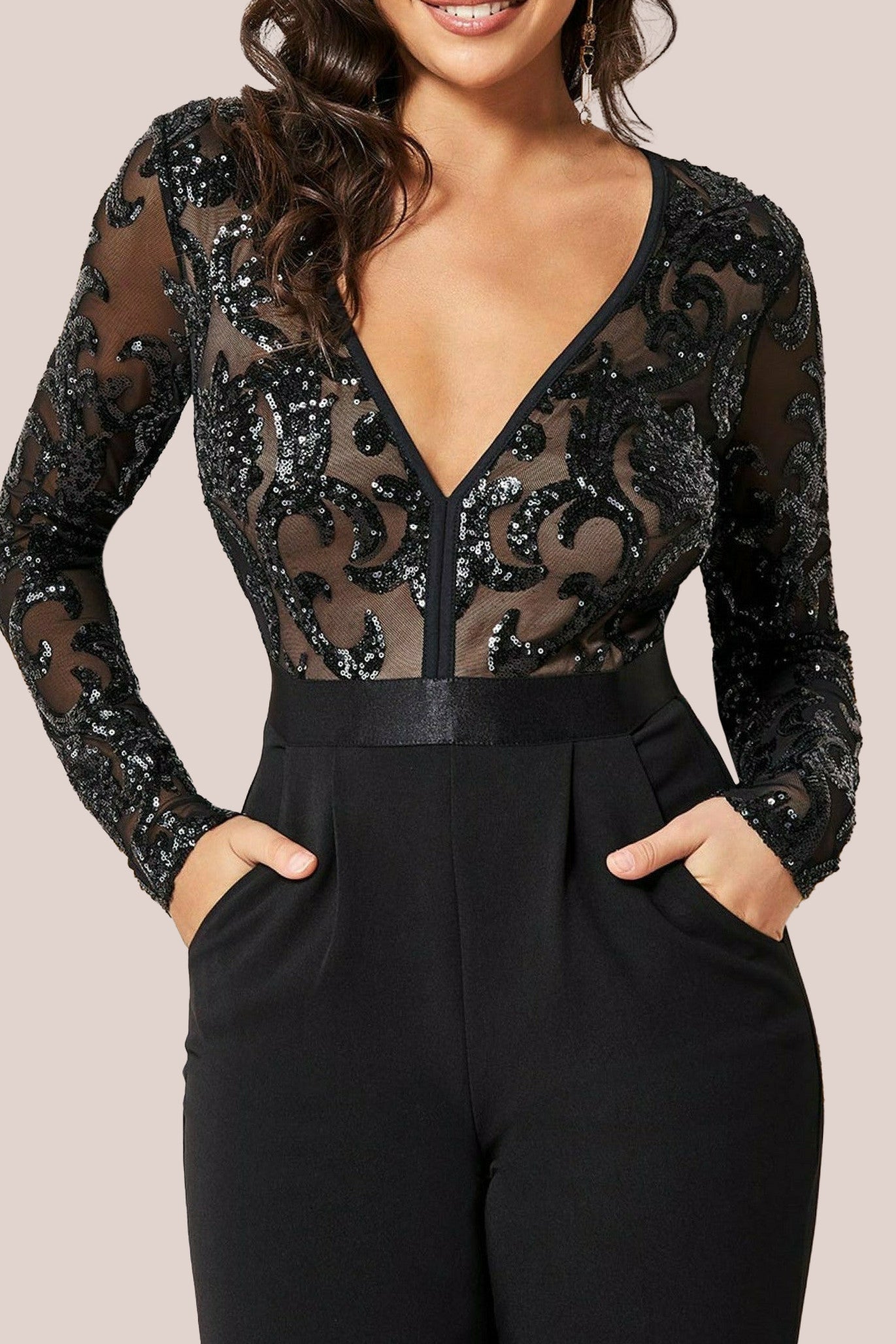 Goddiva Sequin Mesh Romper - Black