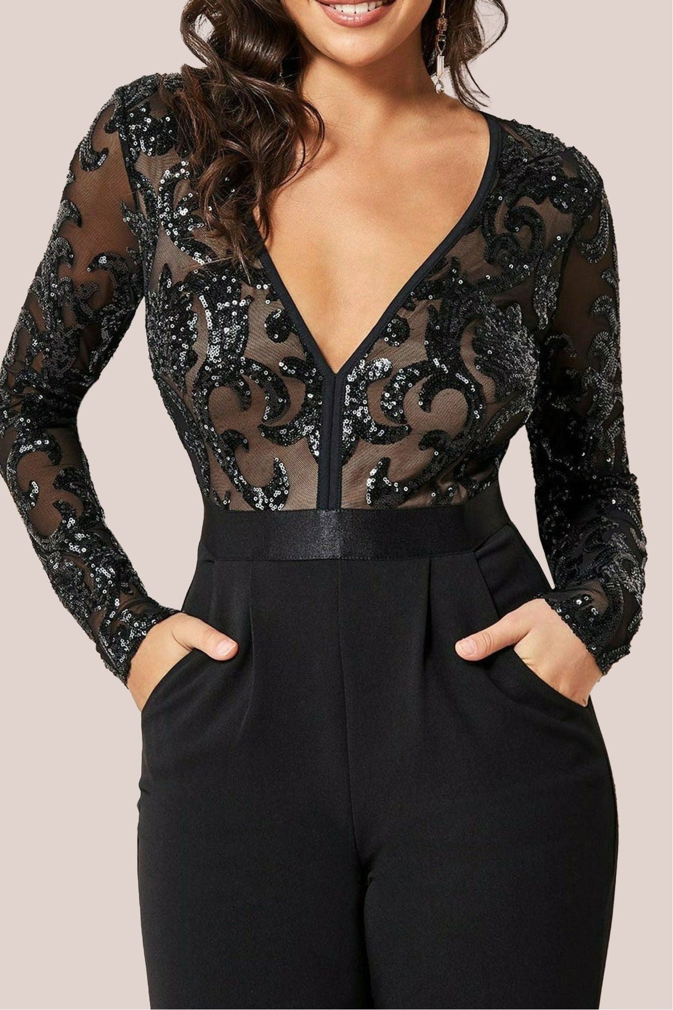 Goddiva Sequin Mesh Romper - Black