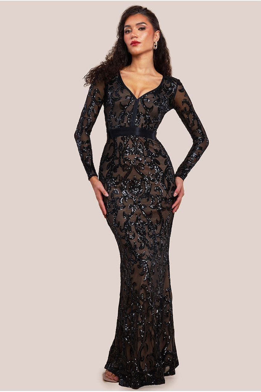 Goddiva Embroidered Sequin & Mesh Maxi Dress - Black