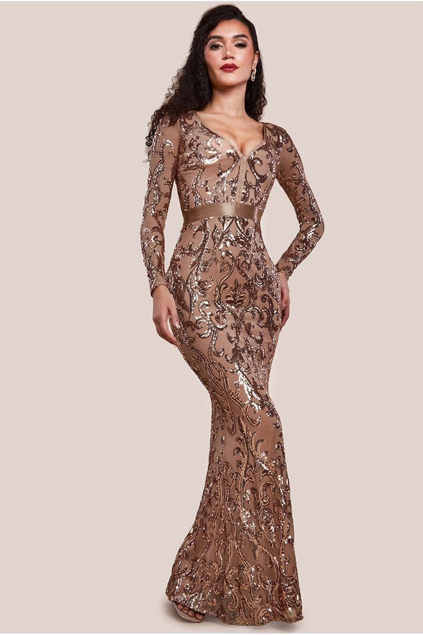 Goddiva Embroidered Sequin & Mesh Maxi Dress - Champagne