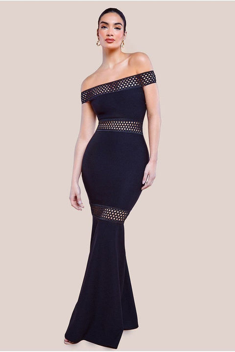 Goddiva Off The Shoulder Ribbed Bodycon Maxi Dress - Black