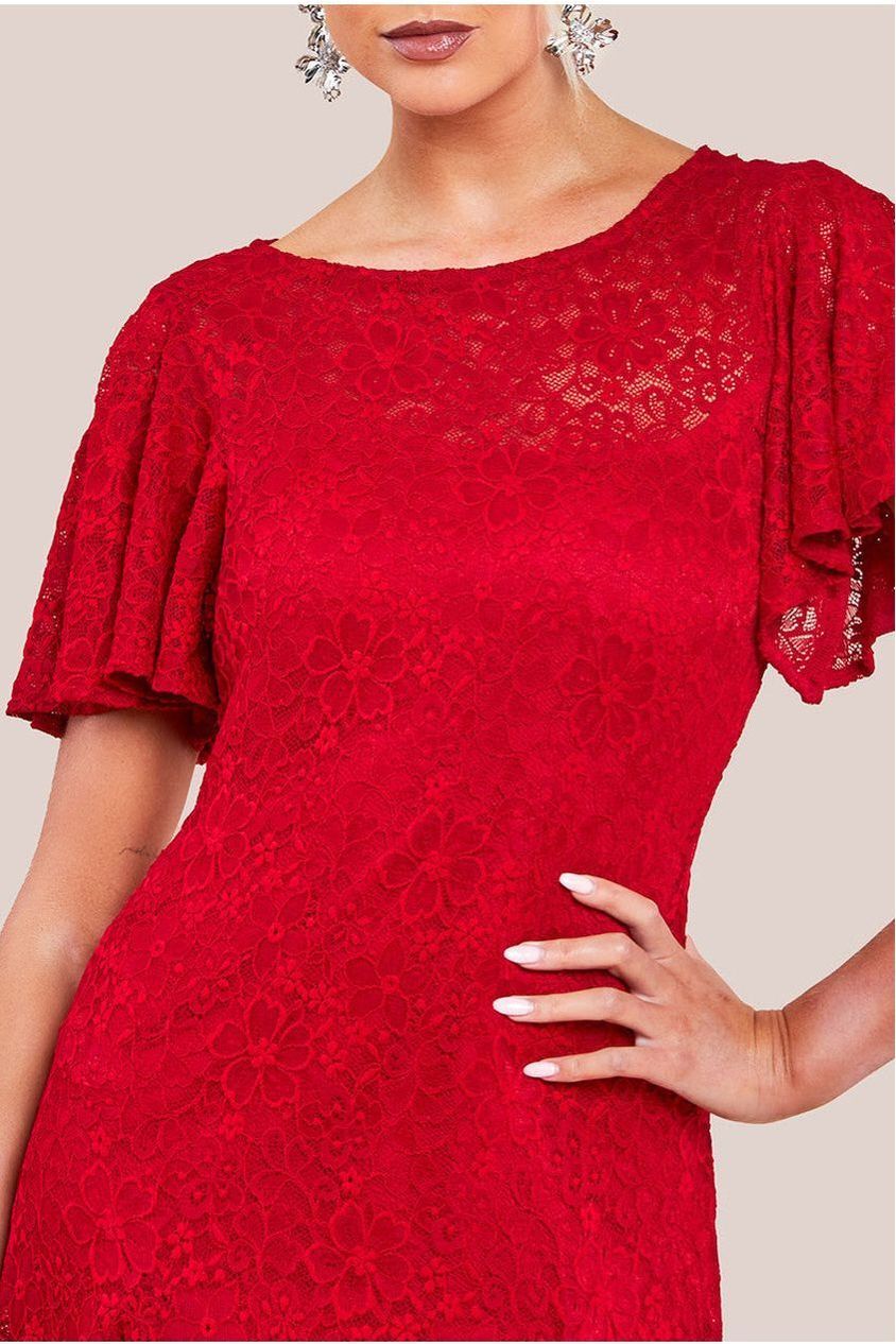 Goddiva Flutter Sleeve Lace A-Line Midi Dress - Red