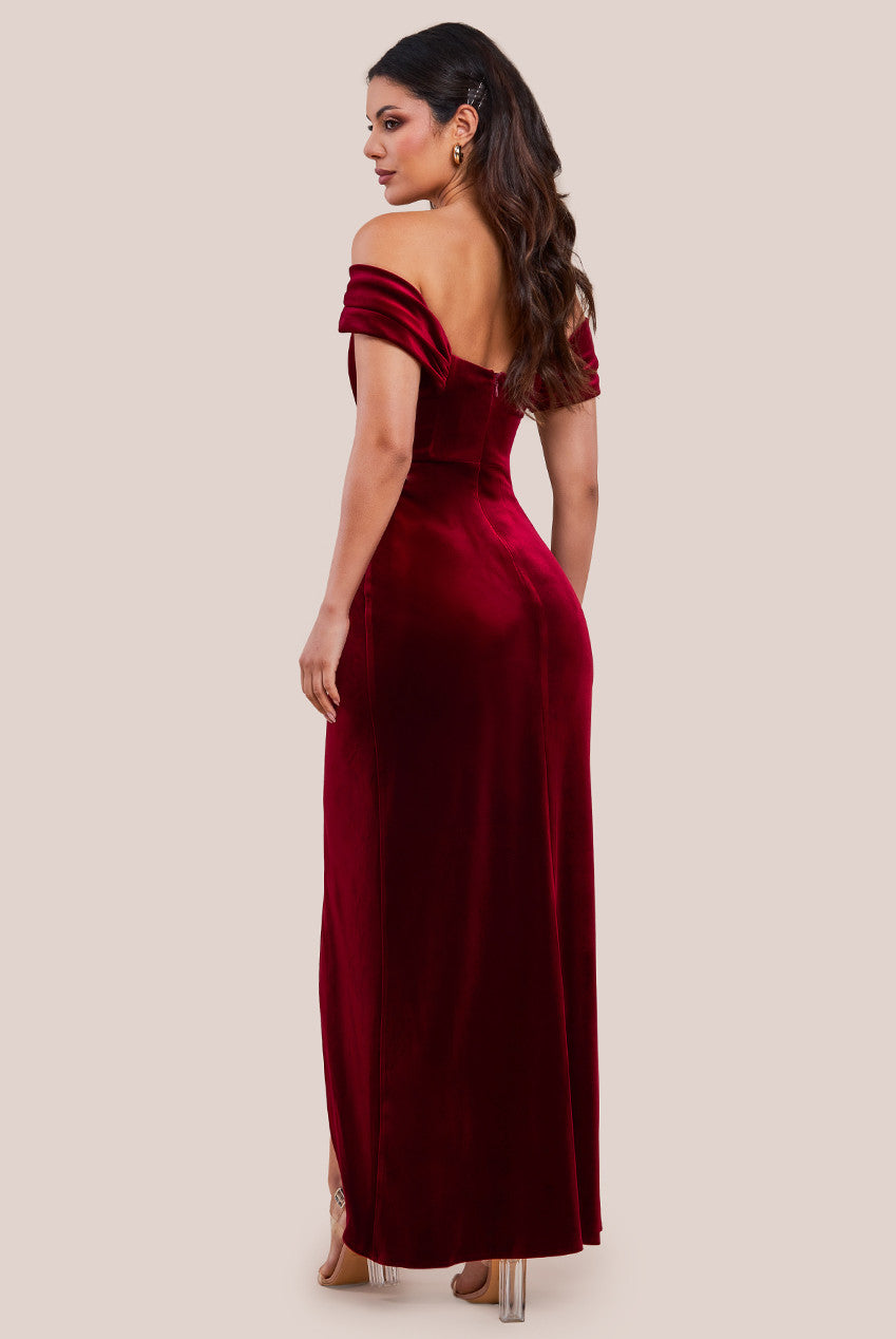 Goddiva Draped Shoulder Velvet Corset Maxi Dress - Wine