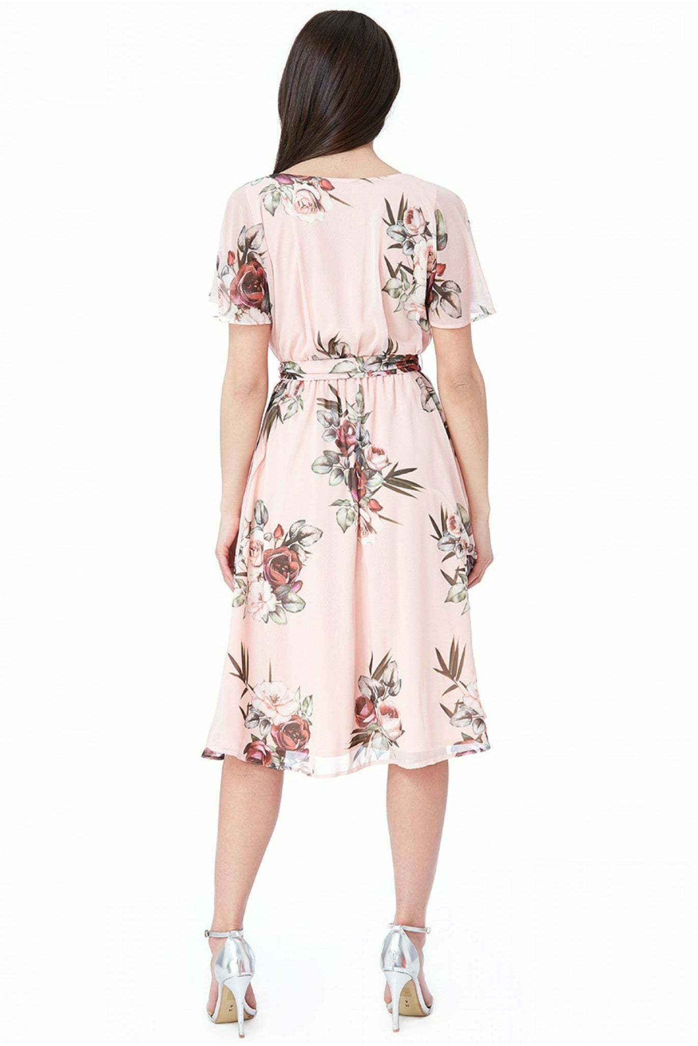 Goddiva Floral Print Midi With Flutter Sleeves - Pink