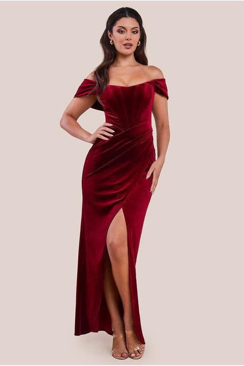Goddiva Draped Shoulder Velvet Corset Maxi Dress - Wine