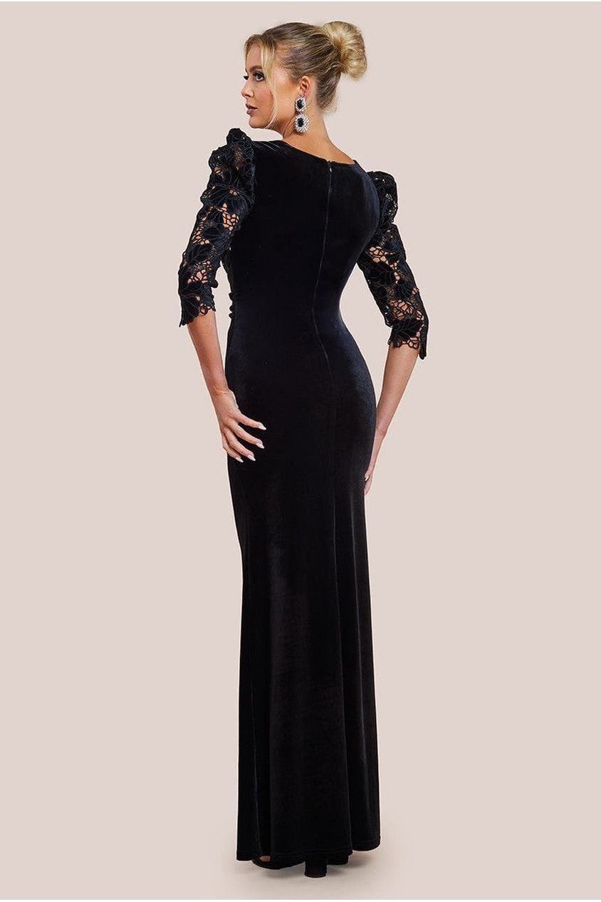 Goddiva Scalloped Velvet Crochet Maxi Dress - Black