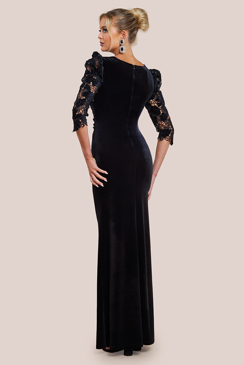 Goddiva Scalloped Velvet Crochet Maxi Dress - Black