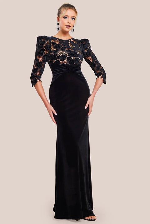 Goddiva Scalloped Velvet Crochet Maxi Dress - Black