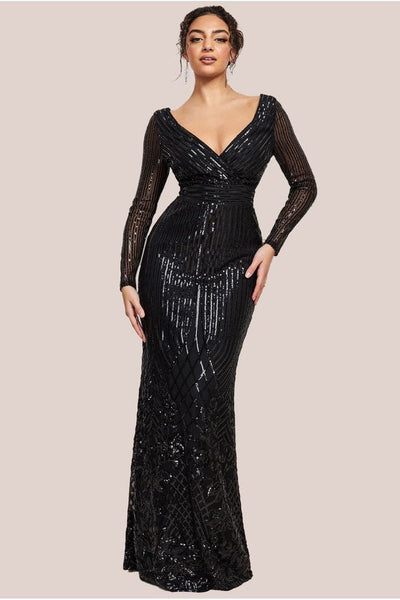 Black - Goddiva Long Sleeve Sequin V Wrap Maxi Dress - Black