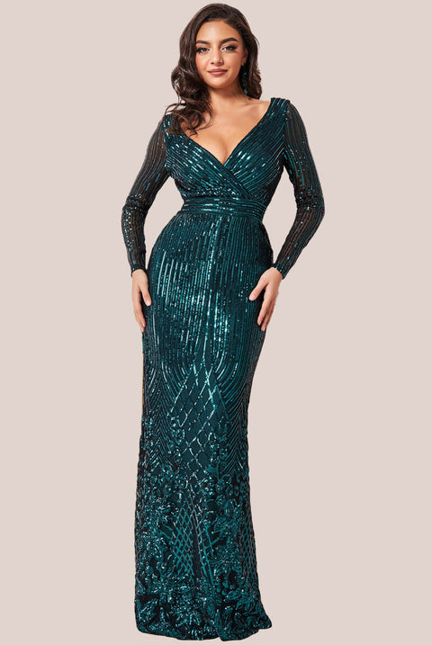 Goddiva Long Sleeve Sequin V Wrap Maxi Dress - Emerald Green