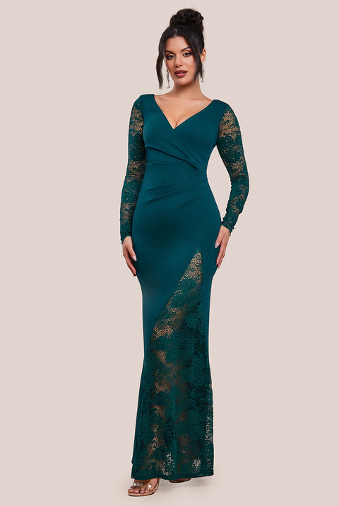 Goddiva Scuba & Lace Wrap Maxi Dress - Emerald