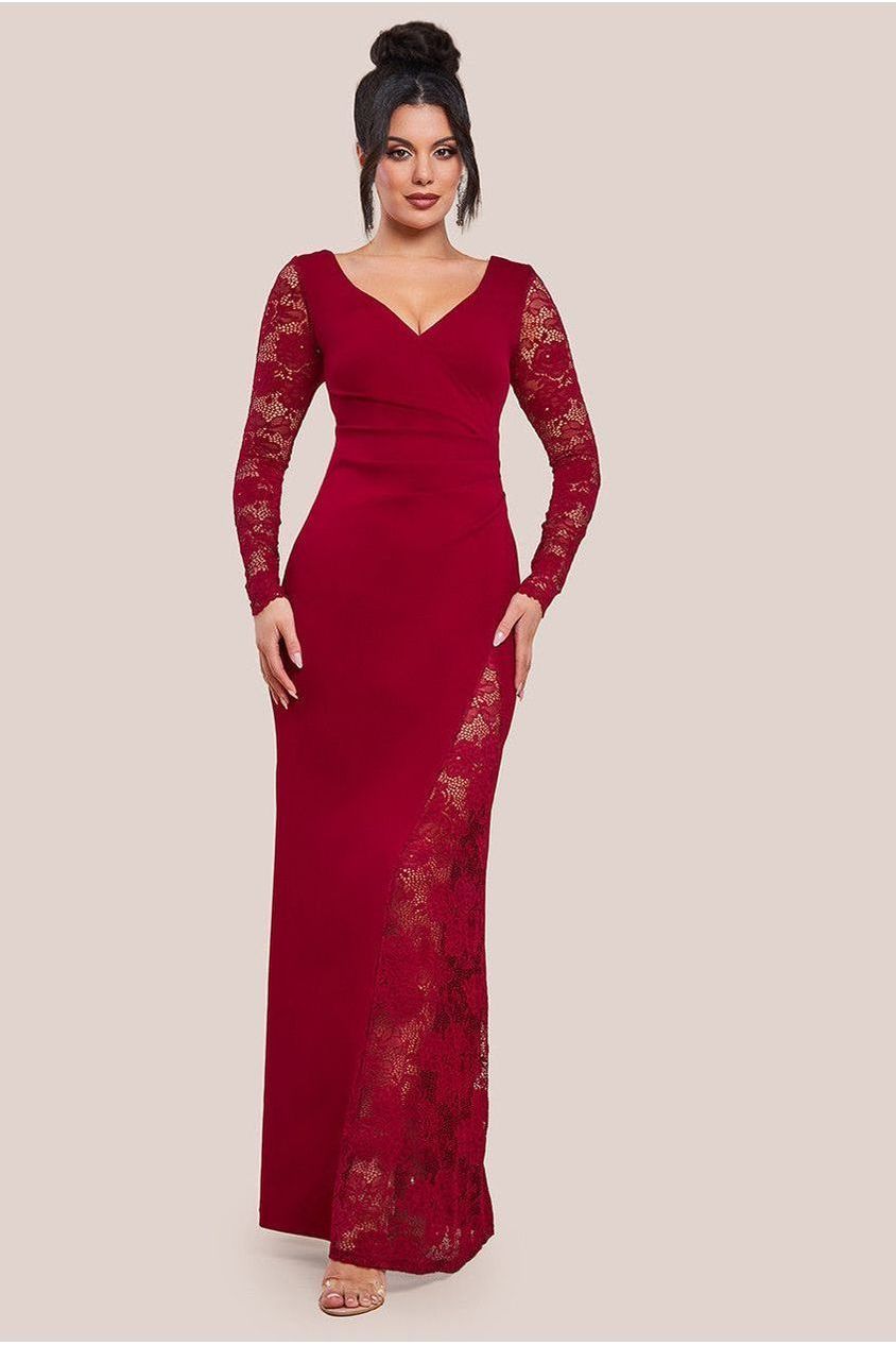 Goddiva Scuba & Lace Wrap Maxi Dress - Wine
