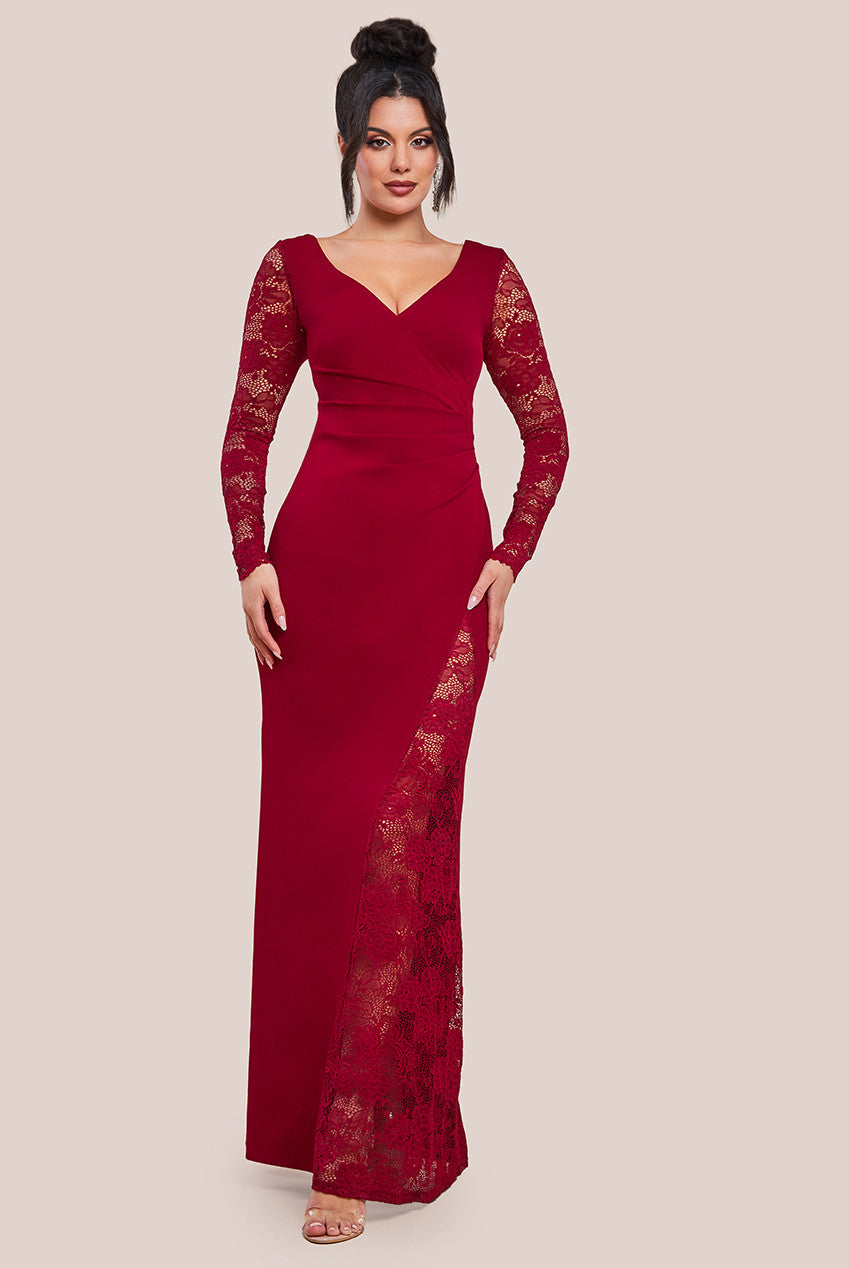 Goddiva Scuba & Lace Wrap Maxi Dress - Wine