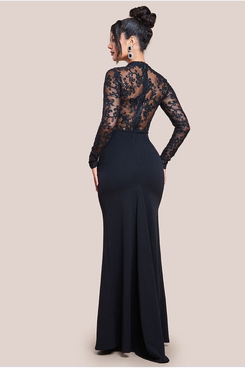 Goddiva Sequin & Mesh Bodice Scuba Maxi Dress - Black