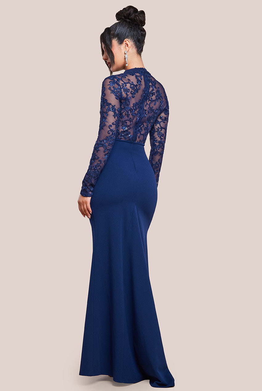 Goddiva Sequin & Mesh Bodice Scuba Maxi Dress - Navy