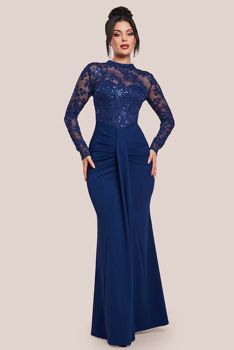 Goddiva Sequin & Mesh Bodice Scuba Maxi Dress - Navy