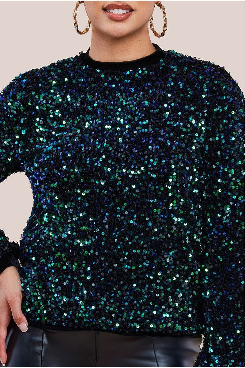 Goddiva Multi Sequin Velvet Sweater -  Emerald Green