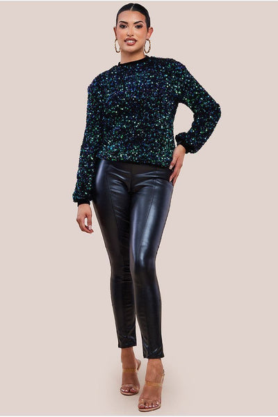 Emerald - Goddiva Multi Sequin Velvet Sweater -  Emerald Green