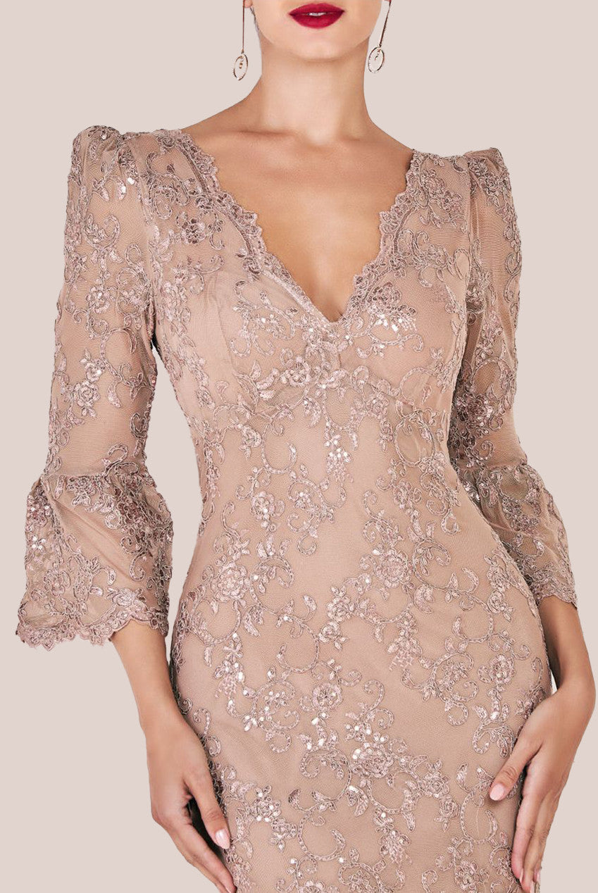 Goddiva Sequin Scallop Lace Midi Dress - Champagne