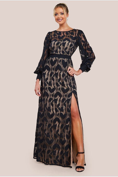 Black - Goddiva Lace Front Split Long Sleeve Maxi Dress - Black