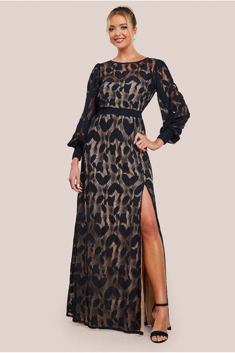 Goddiva Lace Front Split Long Sleeve Maxi Dress - Black