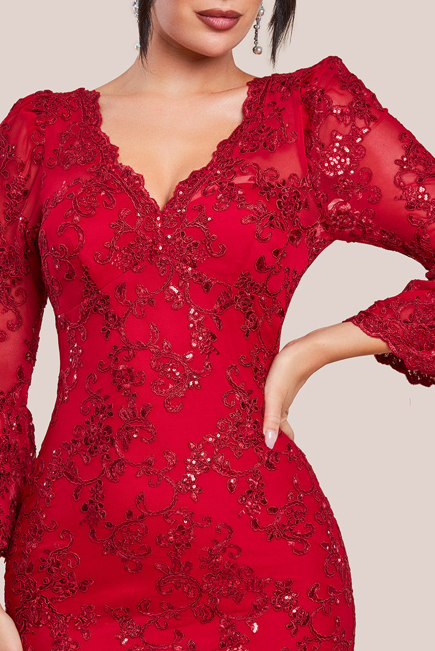 Goddiva Sequin Scallop Lace Midi Dress - Red