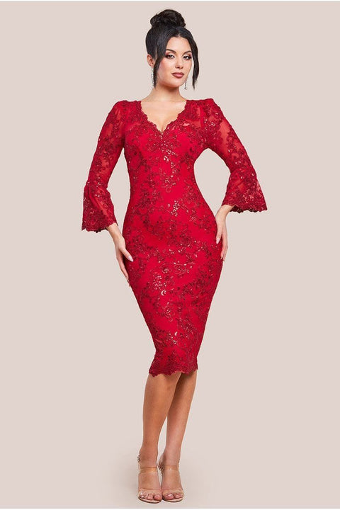 Goddiva Sequin Scallop Lace Midi Dress - Red