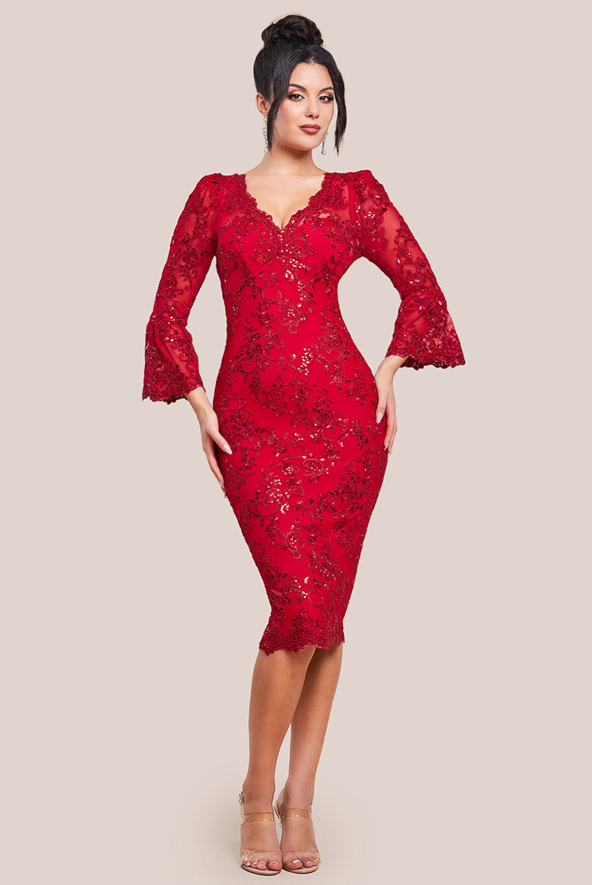 Goddiva Sequin Scallop Lace Midi Dress - Red