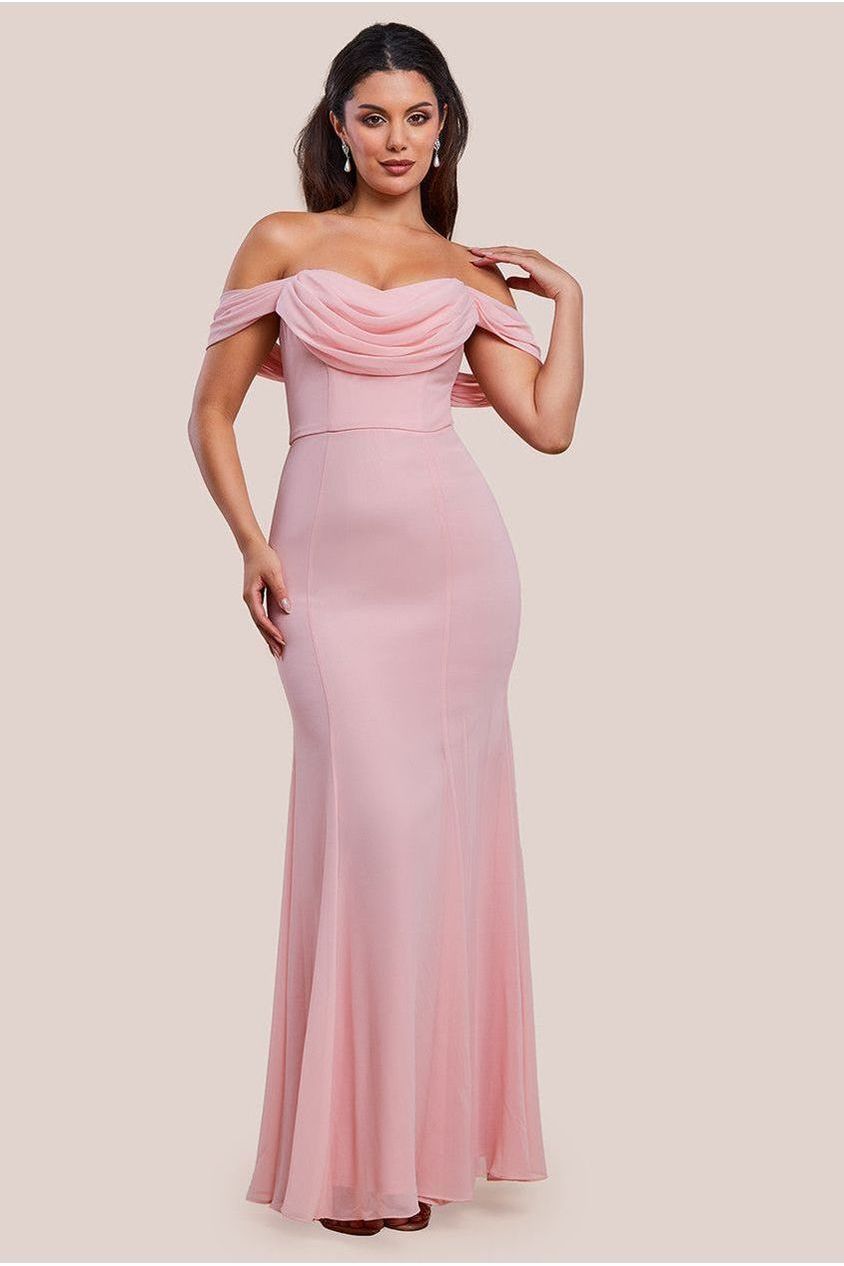 Goddiva Chiffon Bardot Cowl Neck Maxi Dress - Blush