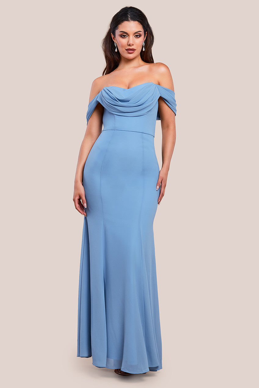 Goddiva Chiffon Bardot Cowl Neck Maxi Dress - Duskyblue