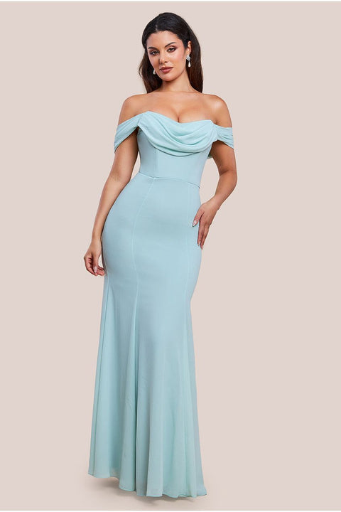 Goddiva Chiffon Bardot Cowl Neck Maxi Dress - Sage Green