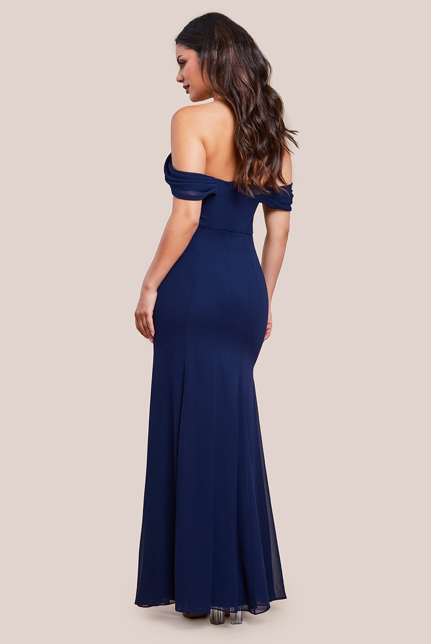 Goddiva Chiffon Bardot Cowl Neck Maxi Dress - Navy