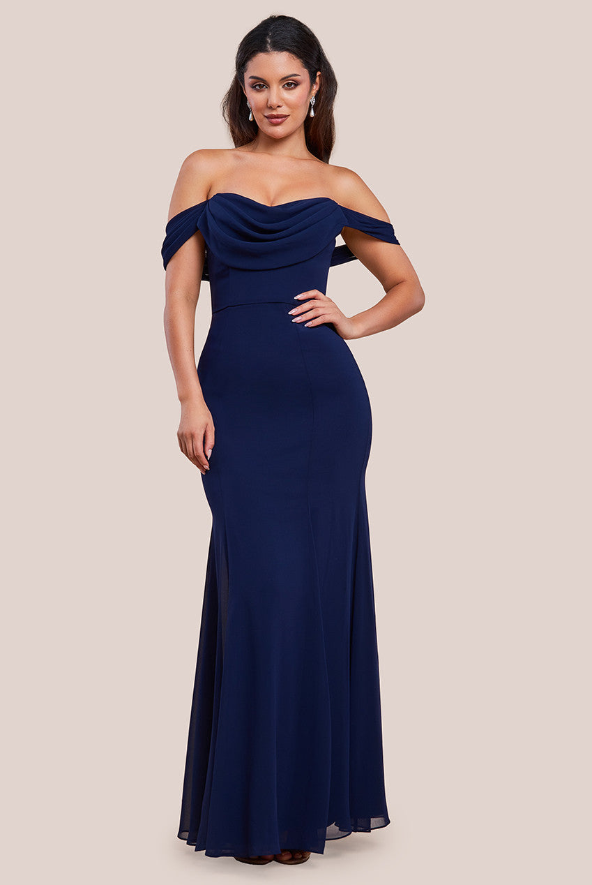 Goddiva Chiffon Bardot Cowl Neck Maxi Dress - Navy