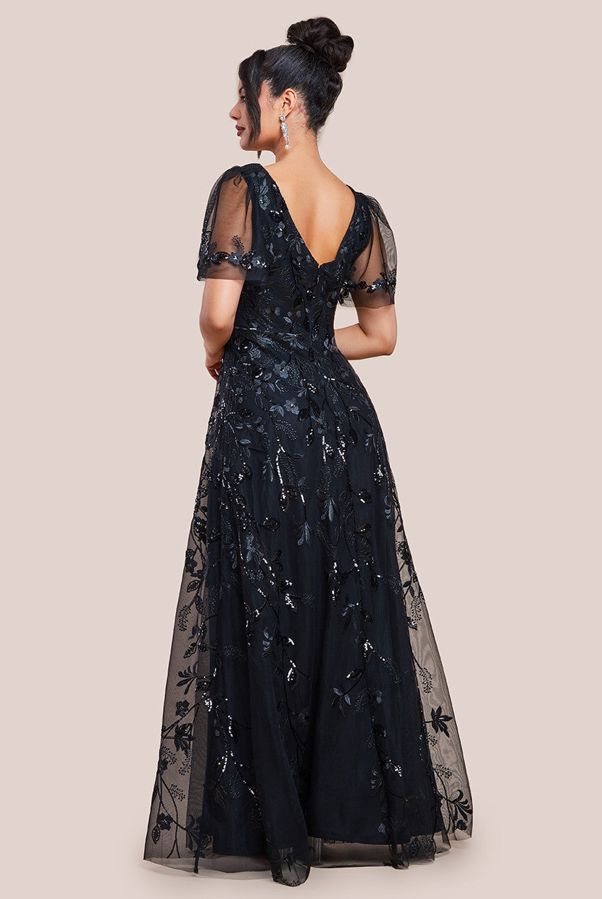 Goddiva Flared Sleeve Embroidered Maxi Dress - Black