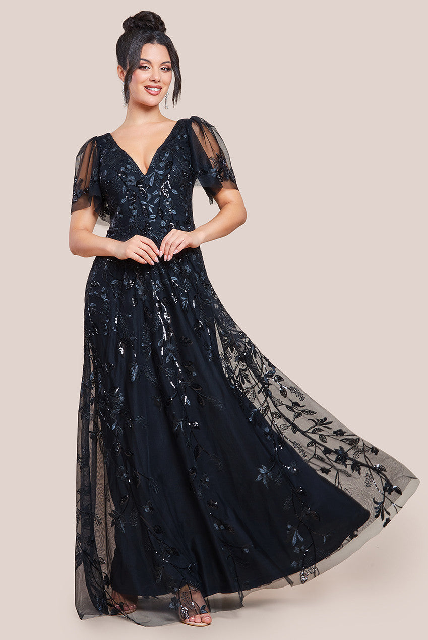 Goddiva Flared Sleeve Embroidered Maxi Dress - Black