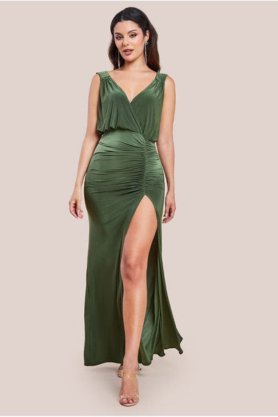 Olive - Goddiva Front Wrap Gathered Maxi Dress - Olive