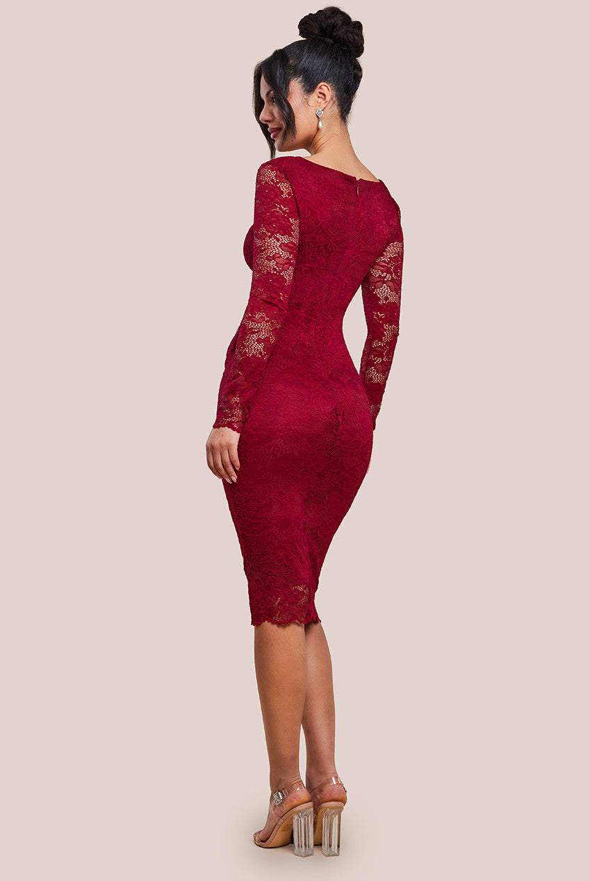 Goddiva Scalloped Lace Corset Bodice Midi Dress - Wine