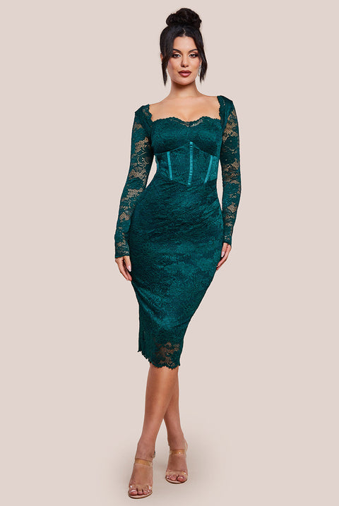 Goddiva Scalloped Lace Corset Bodice Midi Dress - Emerald Green