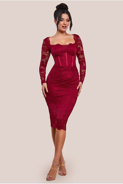 Wine - Goddiva Scalloped Lace Corset Bodice Midi Dress - Wine