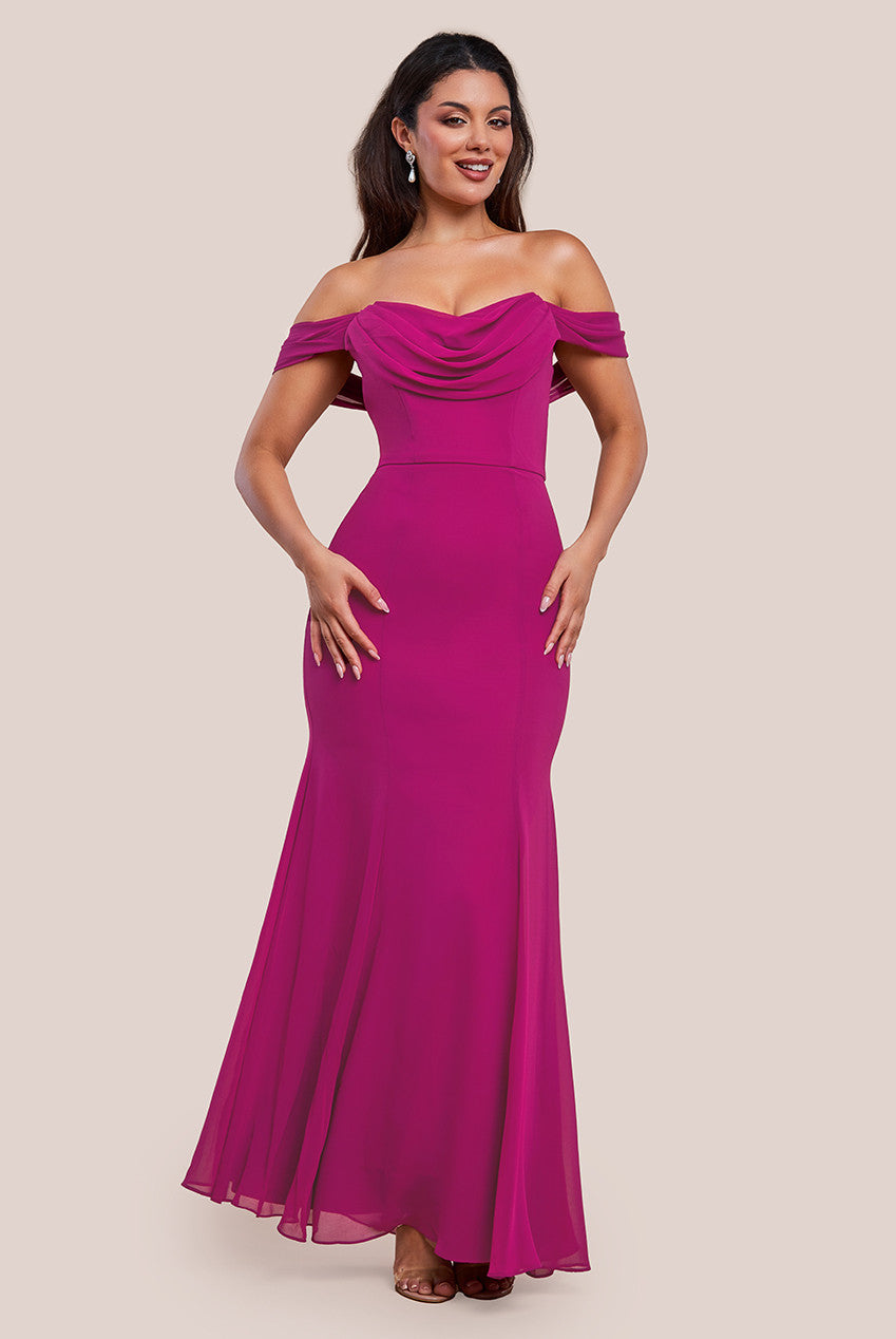 Goddiva Chiffon Bardot Cowl Neck Maxi Dress - Magenta