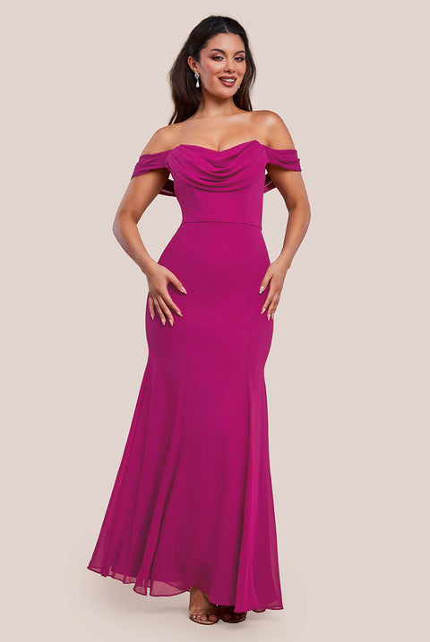 Goddiva Chiffon Bardot Cowl Neck Maxi Dress - Magenta