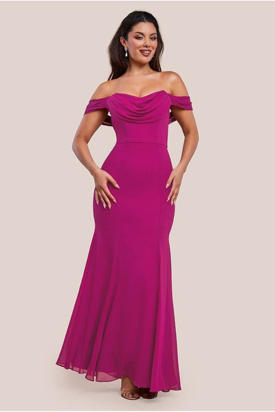 Magenta - Goddiva Chiffon Bardot Cowl Neck Maxi Dress - Magenta