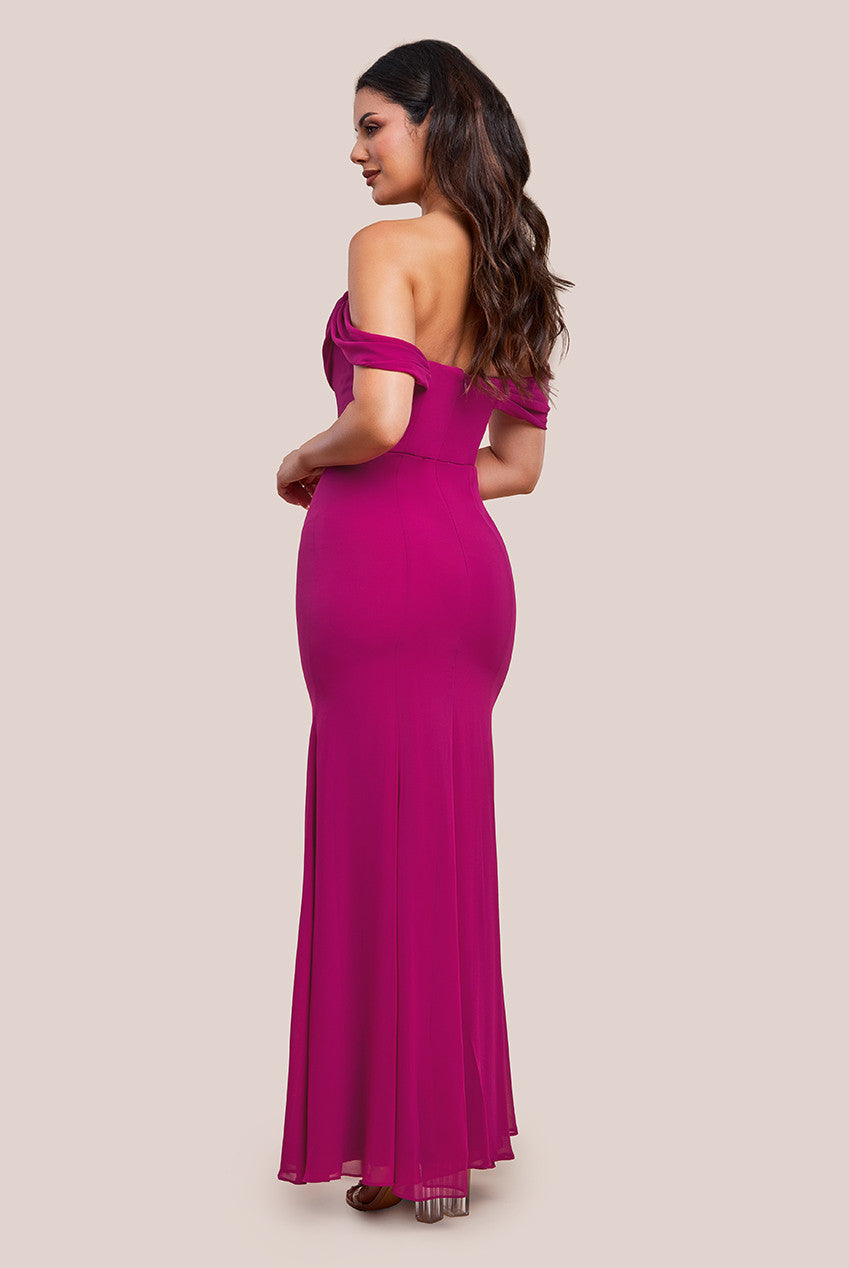 Goddiva Chiffon Bardot Cowl Neck Maxi Dress - Magenta