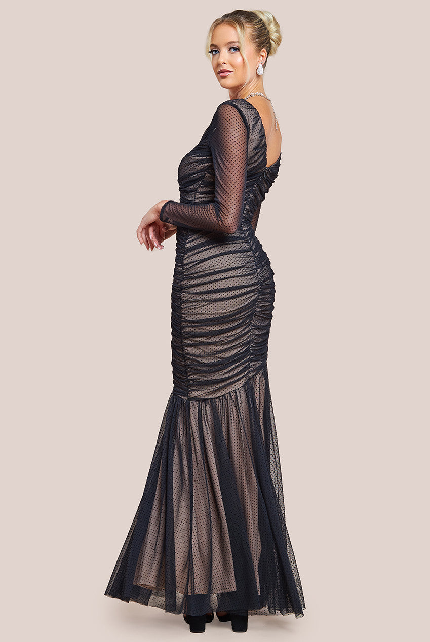 Goddiva Dobby Mesh Wrap Style Gathered Maxi Dress - Black