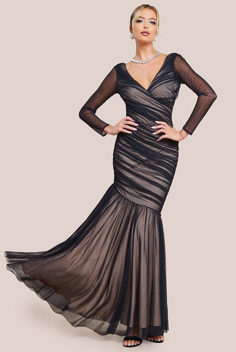 Goddiva Dobby Mesh Wrap Style Gathered Maxi Dress - Black