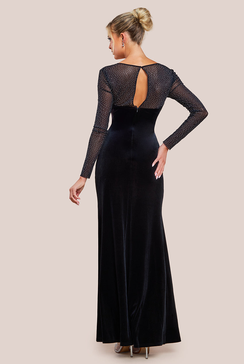 Goddiva Hotfix Diamante Sleeve Front Split Velvet Maxi Dress - Black