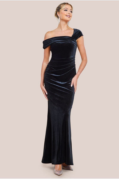 Black - Goddiva One Shoulder Velvet Maxi Dress - Black