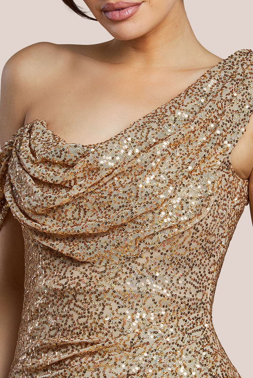 Goddiva Sequin Cowl One Shoulder Midi Dress - Gold