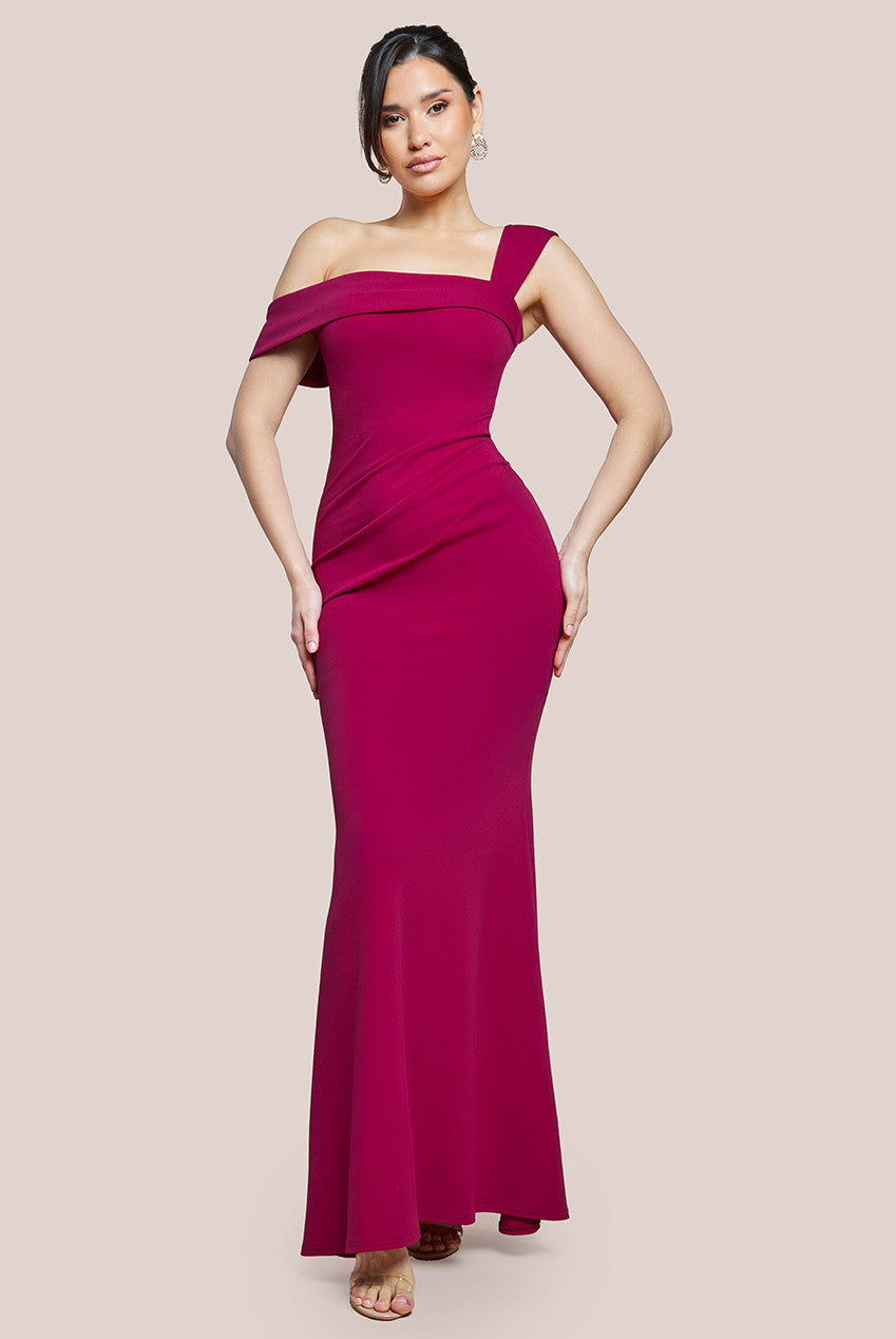 Goddiva Off The Shoulder Pleated Waist Maxi Dress - Berry